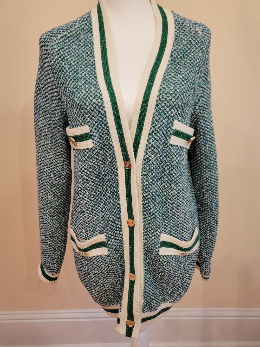 Maje Green V-Neck Cardigan with Cream Trim, Size 2, Gold Buttons, Metallic - Picture 2 of 8
